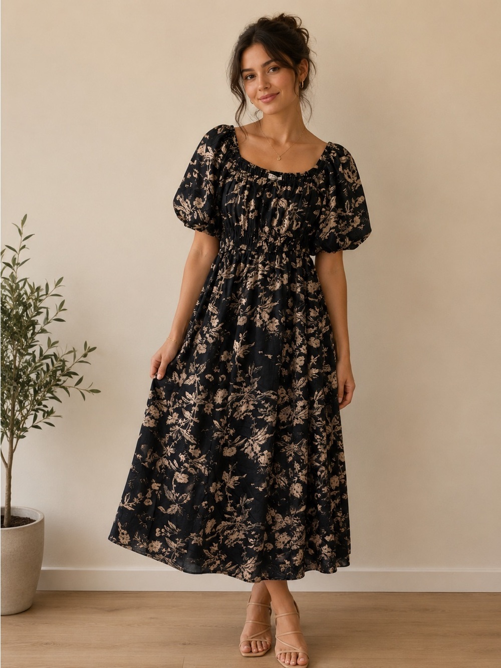 Polagram Maxi Dress with Floral Print and Puff Sleeves